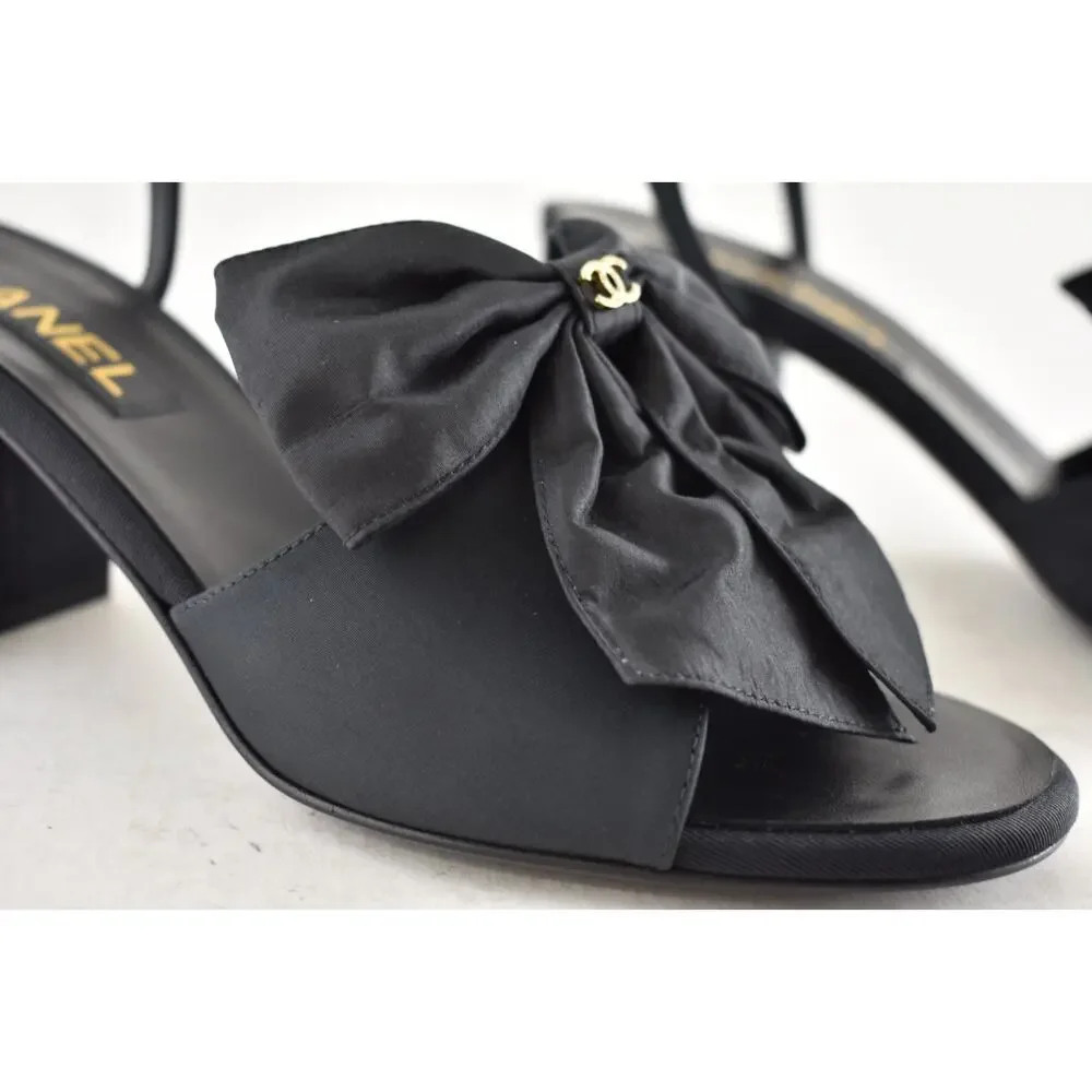 Chanel 24A Black Silk Bow Crystal CC Logo Ankle Strap Block Heel Sandals 42 - Picture 5 of 16